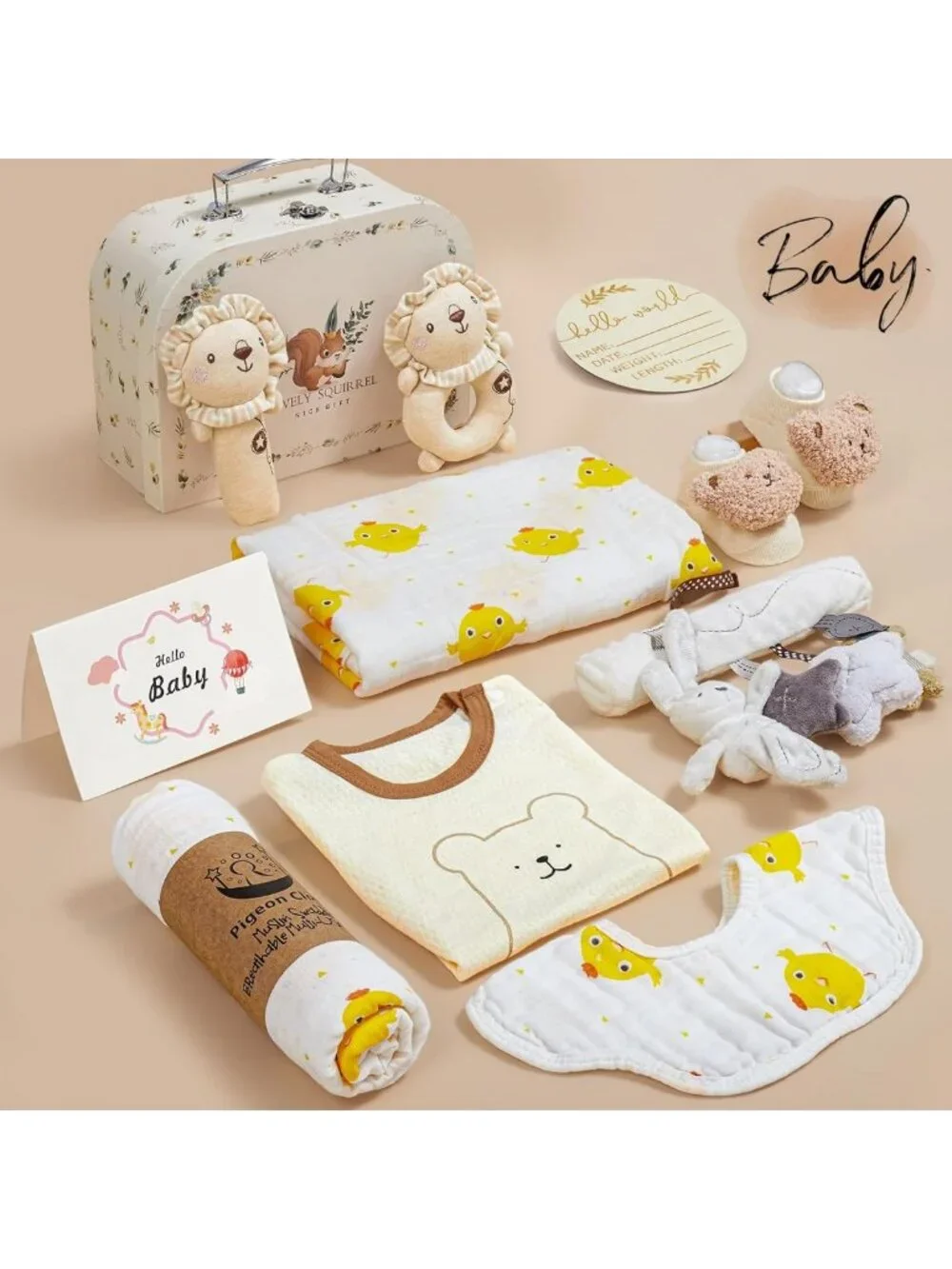 9-Piece Newborn Baby Gift Basket Set - Unisex Essentials, Rattles, Blanket